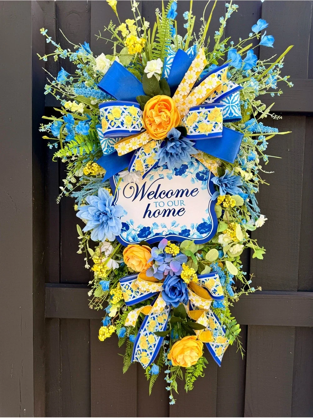 Hand Crafted Blue and Yellow Welcome Home Door Wreath